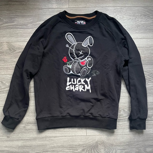 BKYS Embroidered Black Lucky Charm Bunny Rabbit Black Crew Neck Men’s Size L - Picture 1 of 7